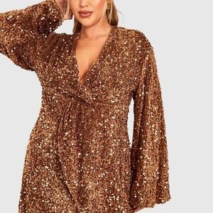 Plus Size Bronze Sequin Wrap Dress
